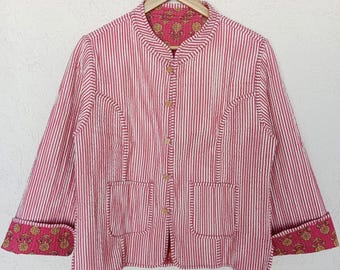 Reversible Kantha Jacket | Floral Quilted Cotton Coat | Boho Block Print Layer for Women