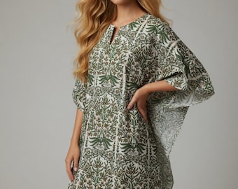 Floral Cotton Kaftan Dress | Handmade Block Print Resort Wear
