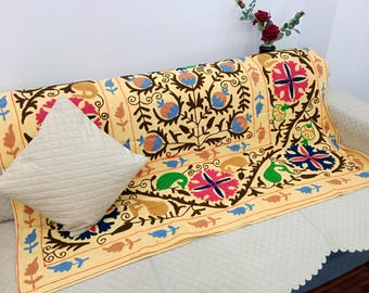 Hand Embroidered Suzani Cotton Throw: Floral Sofa Blanket