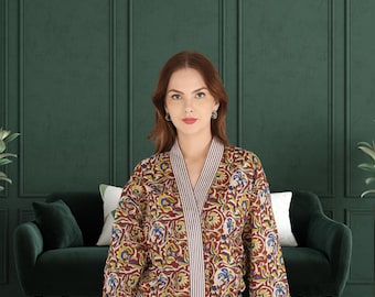 Handmade Block Print Kimono Robe | Cotton Beach Cover-Up | Boho Resort Wear | Free Gift Included