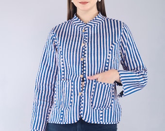 Reversible Kantha Jacket | Blue Floral Quilted Cotton Coat | Boho Block Print & Striped Layer