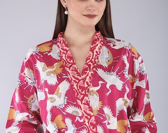 Handmade Cotton Block Print Kimono Robe – Lightweight Floral Dressing Gown