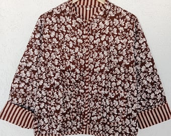 Brown Kantha Quilted Coat | Reversible Floral Cotton Jacket | Boho Block Print Layering
