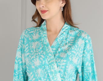 Handmade Aqua Floral Cotton Kimono Robe: Lightweight Block Print Loungewear