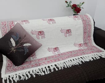 Hand Loomed Cotton Throw: Floral Block Print, Boho Sofa Blanket