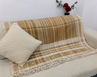 Handwoven Bhujodi Wool Throw Blanket | Indian Boho Accent with Pompoms