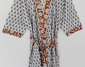 Handmade grey floral Print Kimono kaftan, Adjustable Waist | Lightweight Resort Wear