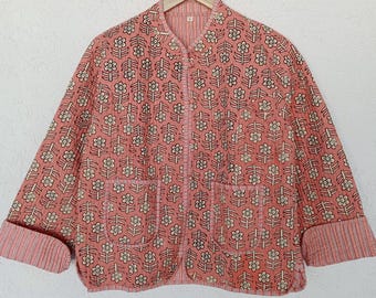 Reversible Kantha Jacket | Floral Quilted Cotton Coat | Boho Pink Block Print Layer