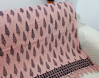 Hand-Loomed Cotton Sofa Throw: Floral Block Print with Tassels
