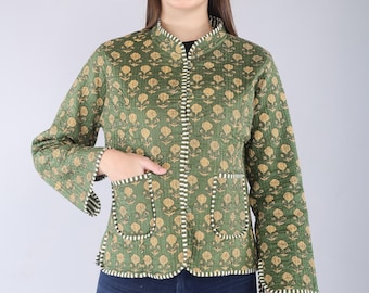Handmade Reversible Kantha Jacket | Floral Block Print, Teal Cotton
