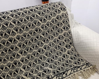Hand Block Print Cotton Throw Blanket | Black & Beige Boho Sofa Bed Throw