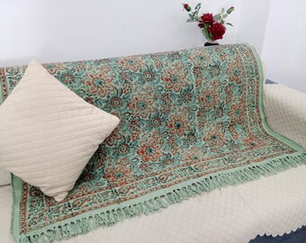 Hand Loomed Cotton Sofa Throw: Floral Block Print Bohemian Blanket