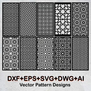 Può includere: Una collezione di dieci design di motivi vettoriali neri con forme geometriche complesse. I design sono visualizzati in pannelli rettangolari. L'immagine include il testo "DXF+EPS+SVG+DWG+AI Vector Pattern Designs."