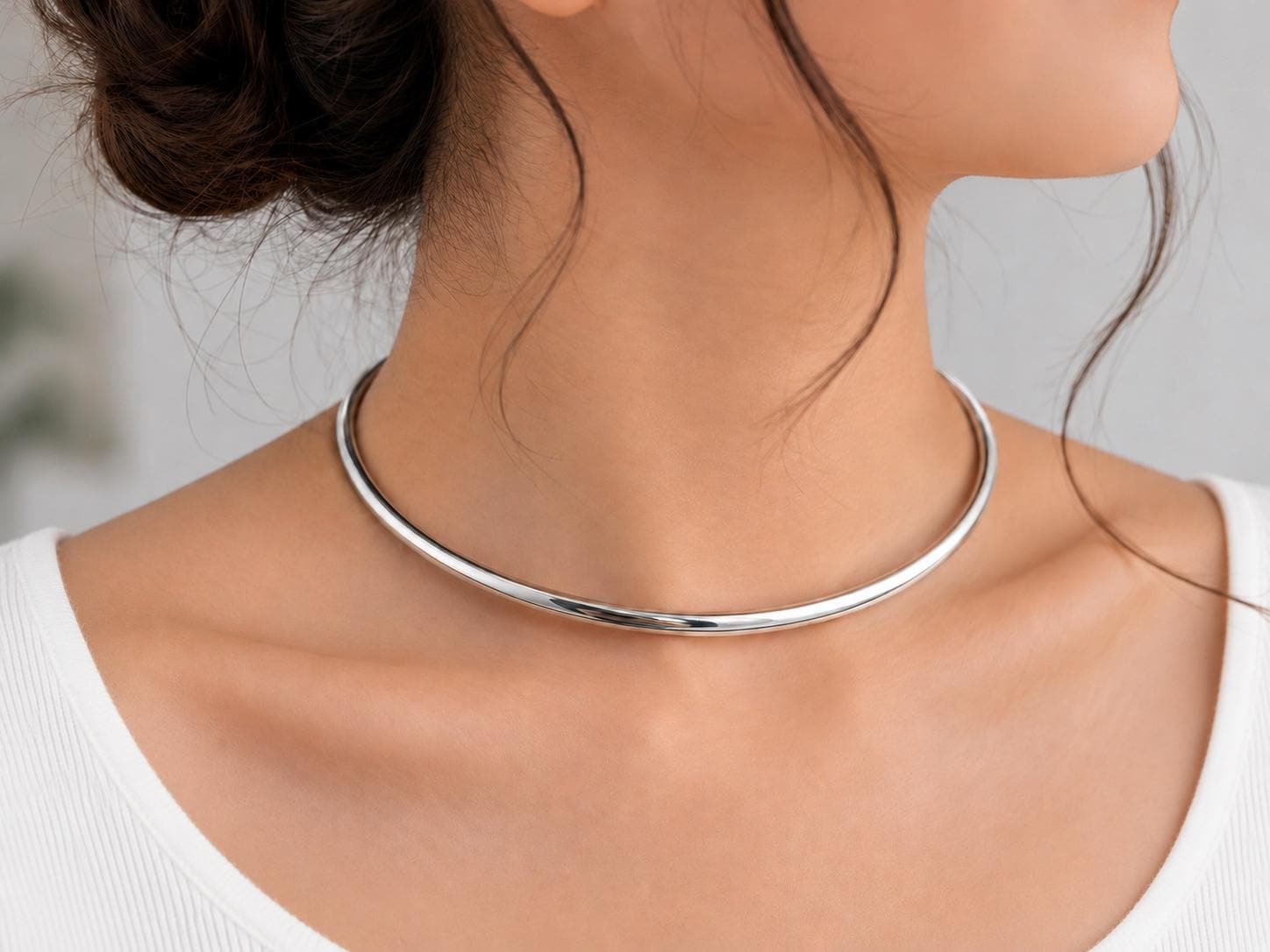 925 Sterling Silver Minimalist Torque Choker Necklace | Open
