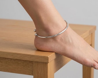 925 Sterling Silver Anklet Cuff Bracelet Set of 2 | Open Torque Anklets | Minimalist Ankle Bracelets | Adjustable Silver Anklets for Women