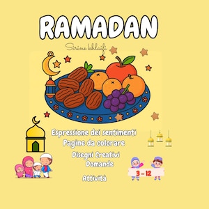 Pode incluir: Ilustração colorida com a palavra "RAMADAN" no topo. A imagem apresenta um prato de tâmaras, laranjas, uvas e uma maçã. Elementos adicionais: lua crescente, estrelas e texto em italiano.