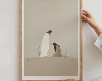 He Is With You Poster, Jesus with Woman, Jesus Art Print, Modern Bible Art (Digital Download)