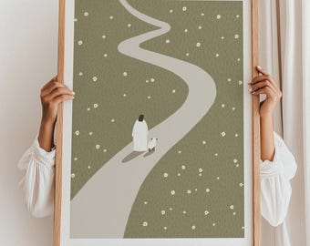 Jesus and Lost Sheep Print, Modern Bible Art, Jesus Leaves 99 Sheep Print, Jesus Love Art (Digital Download)