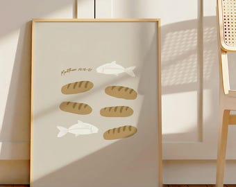 Jesus Feeds 5000 Digital Print, Five Loaves and Two Fish Art, Bible Sketch Art, Kitchen Wall Decor, Christian Gift