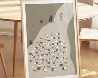 Lost Sheep Parable Print, Jesus Leaves the 99, Modern Bible Art (Digital Download)