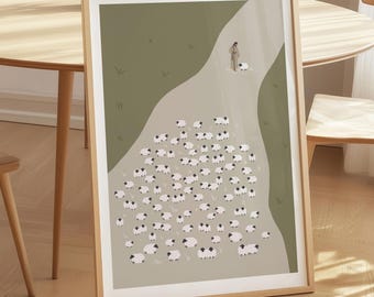 迷える羊のたとえ話の版画、イエスが99匹の羊を去る、現代聖書アート（デジタルダウンロード）