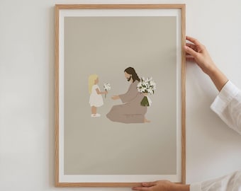God's Plan vs My Plan Christian Art Print, Jesus with a lily bouquet, Christian Wall Print(Digital Download)