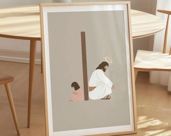 He Is With You Poster, Jesus with Girl, Jesus Art Print, Modern Bible Art (Digital Download)