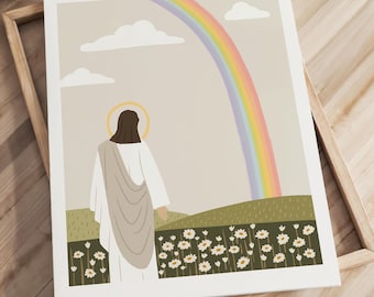Jesus shows hope Poster, Jesus and Rainbow, Jesus Art Print, Modern Bible Art, After the rain comes the rainbow (Digital Download)