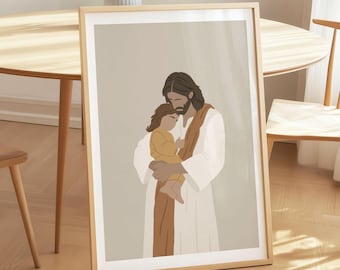Jesus and a little Girl Poster, Rest in Him Wall Print, Modern Bible Art, Jesus Love Print, Jesus  Art (Digital Download)