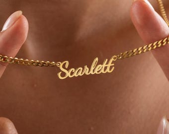 Custom Name Necklace with Bold Chain – Personalized Script Name Pendant in 14K Gold – Unique Gift for Her