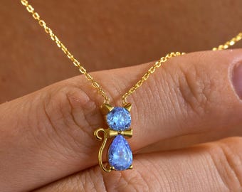 Custom Birthstone Cat Necklace – Personalized Pet Jewelry for Cat Lovers in Gold, Rose Gold, Silver – Gift for Her, Cat Mom Jewelry