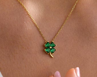 Dainty Silver Birthstone Four Leaf Clover Necklace – Personalized Family Lucky Charm Gift, Dainty Silver Birthstone Clover Necklace