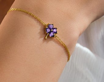 Birthstone Flower Bracelet, Gold Dainty Gemstone Jewelry, Personalized Birth Month Gift, Minimalist Lucky Charm for Women