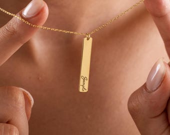 Custom Vertical Bar Necklace – Engraved Name Pendant in 14K Gold – Minimalist Personalized Jewelry Gift for Her