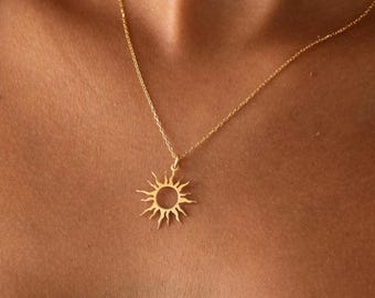 14K Gold Sun Necklace, Sun Pendant Jewelry, Celestial Gold Necklace, Dainty Sun Charm, Gold Sunshine Necklace, Minimalist Gift
