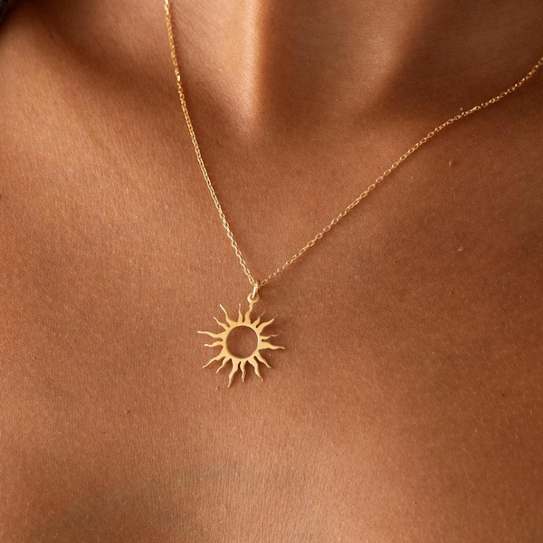 14K Gold Sun Necklace, Sun Pendant Jewelry, Celestial Gold Necklace, Dainty Sun Charm, Gold Sunshine Necklace, Minimalist Gift