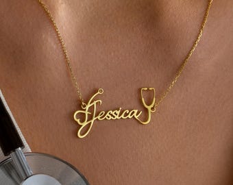 Custom Stethoscope Name Necklace – Nurse Doctor Necklace Personalized – Medical Jewelry Gift for Her – Gold Name Pendant
