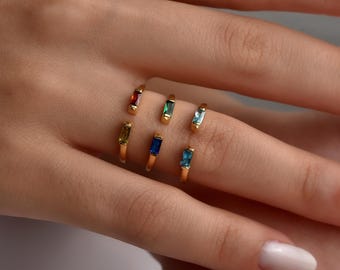 Duo Baguette Birthstone Ring, Statement Ring, Engagement Ring, Personalized Gemstone Ring, Gold Ring for Women, Adjustable, Anniversary Gift