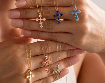Custom Birthstone Cross Necklace – Personalized Dainty Crystal Pendant – Gold Faith Jewelry Gift for Her