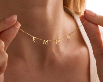 Custom Letter Name Necklace – 14K Gold Initial Necklace – Personalized Vertical Name Jewelry Gift for Her