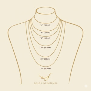 May include: A diagram showing necklace lengths in inches and centimeters. The image displays a mannequin-style bust with several gold-colored necklaces of varying lengths. Measurements include 14" (35cm), 16" (40cm), 18" (45cm), 20" (50cm), 22" (55cm), and 24" (60cm).