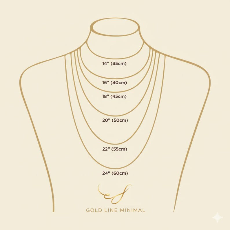 May include: A diagram showing necklace lengths in inches and centimeters. The image displays a mannequin-style bust with several gold-colored necklaces of varying lengths. Measurements include 14" (35cm), 16" (40cm), 18" (45cm), 20" (50cm), 22" (55cm), and 24" (60cm).