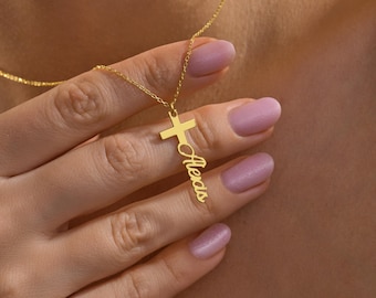 Custom Cross Name Necklace – Gold Filled Christian Jewelry – Personalized Vertical Name Pendant – Faith Inspired Gift for Her