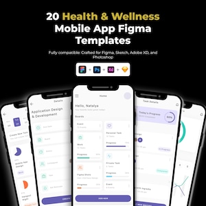 Puede incluir: Imagen promocional de 20 plantillas Figma de aplicaciones móviles de salud y bienestar. La imagen muestra varios teléfonos inteligentes que muestran interfaces de aplicaciones con funciones de gestión de tareas y seguimiento del progreso. El texto incluye compatibilidad.