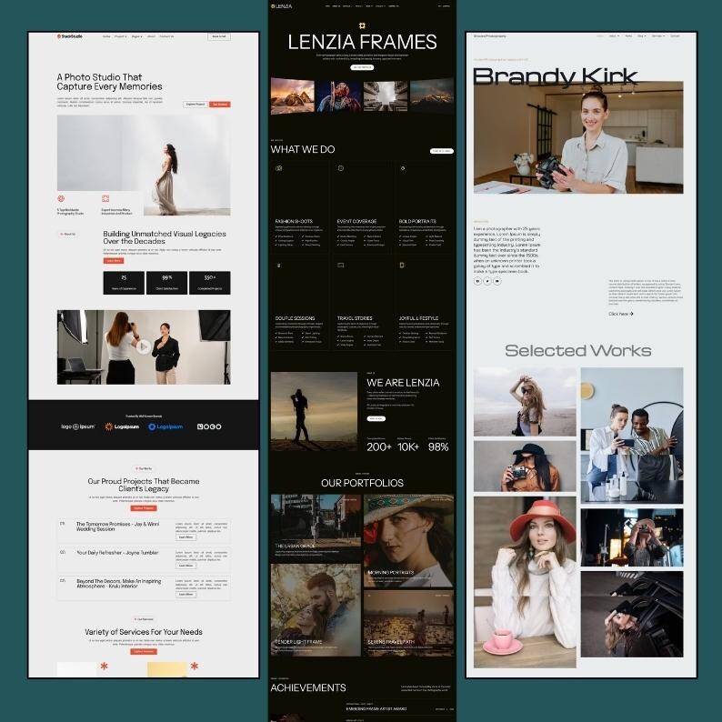 May include: Web design layout for a photography studio, featuring a clean, modern aesthetic. The design includes sections for services, portfolios, and client testimonials. The studio's name, "LENZIA FRAMES", is prominently displayed, along with the photographer's name, "Brandy Kirk".