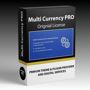 May include: A product box for "Multi Currency PRO" with "Original License" text. The box is black with white text and a blue panel with currency symbols. It includes features like unlimited currency and currency-wise payment methods. The bottom of the box reads "PRMIUM THEME & PLUGIN PROVIDER AND DIGITAL SERVICES."