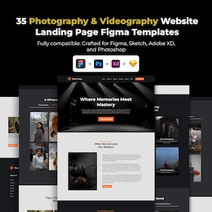 May include: A promotional image for 35 Photography & Videography Website Landing Page Figma Templates. The image features website mockups with text, including "Where Memories Meet Mastery" and "Who We Are and Our Mission."