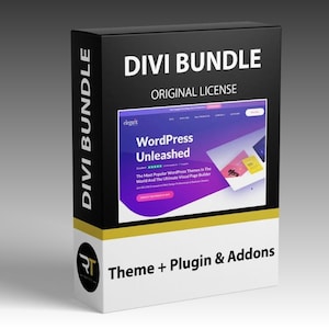 May include: A black box with the text "DIVI BUNDLE" and "ORIGINAL LICENSE". The box features a website screenshot with the words "WordPress Unleashed". The bottom of the box reads "Theme + Plugin & Addons".