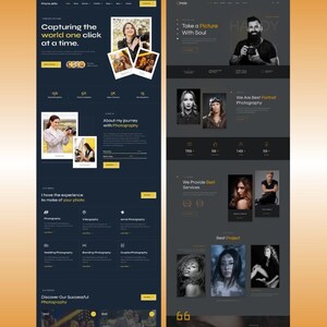 May include: A website design for a photography business, featuring a dark theme with yellow accents. The design includes text that reads "Capturing the world one click at a time" and "Take a Picture With Soul."