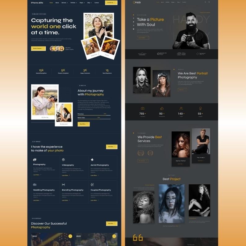 May include: A website design for a photography business, featuring a dark theme with yellow accents. The design includes text that reads "Capturing the world one click at a time" and "Take a Picture With Soul."